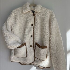 J. Crew Cream Teddy Jacket with Brown Trim